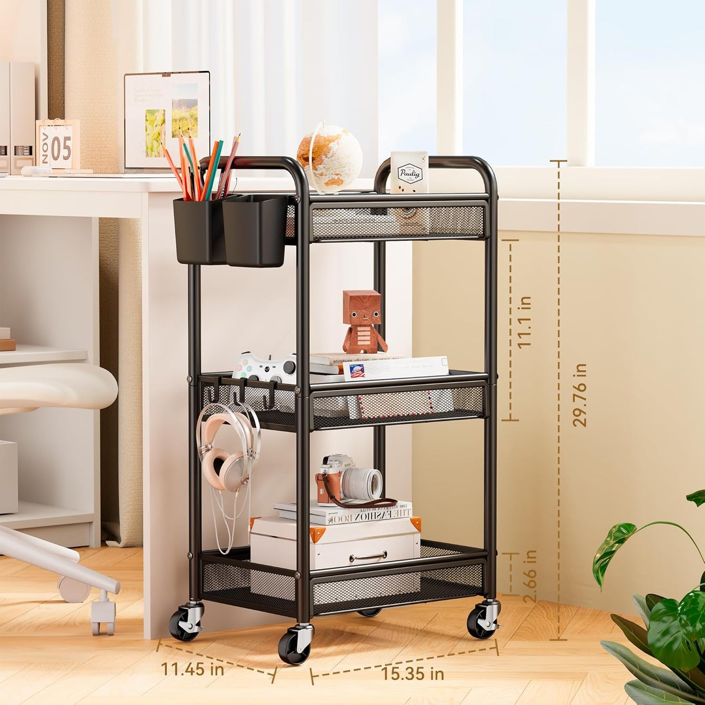 YASONIC 3 Tier Rolling Cart – Metal Utility Storage Carts with Wheels, Craft Carts Organizer with Hanging Cups, Hooks, Mesh Basket for Bedside Kitchen Office Art, Green