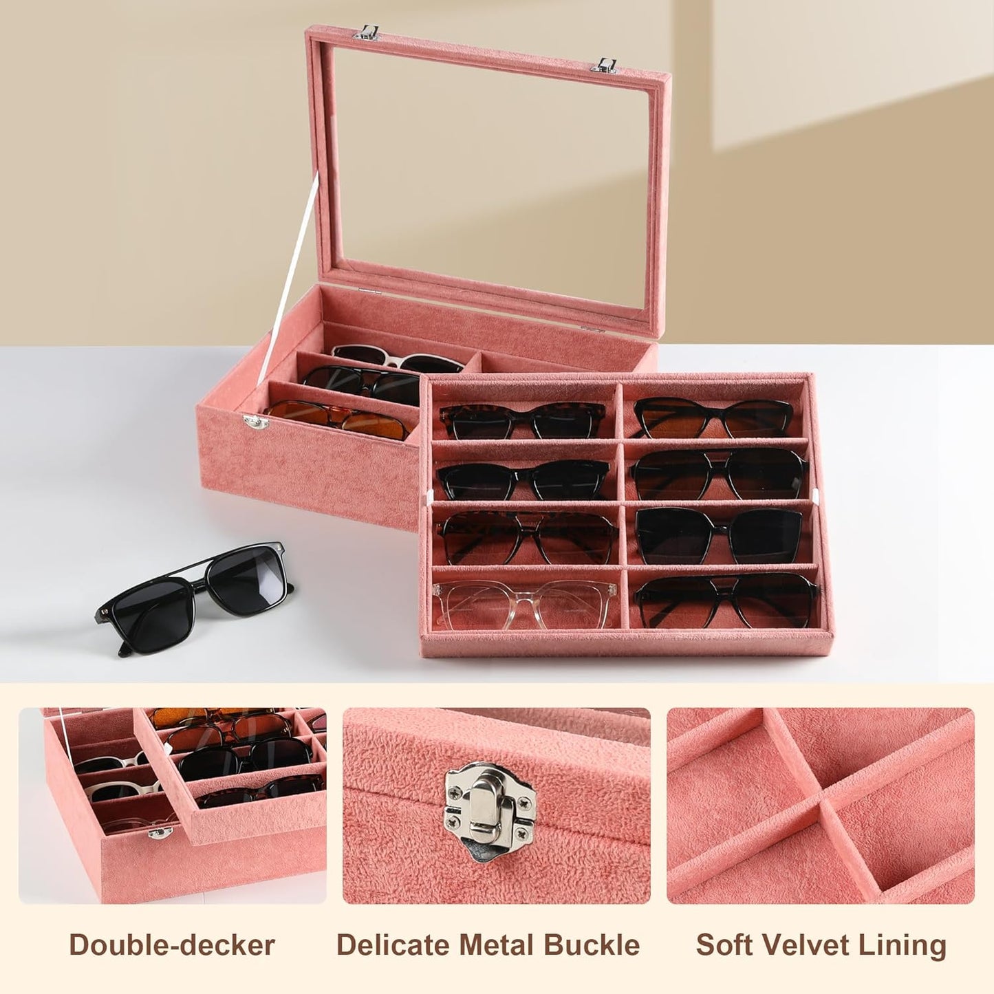 Frebeauty 16 Slots Sunglasses Organizer,2 Layer Velvet Sunglasses Tray with Glass Lid,Multiple Pairs Sunglass Display Case for Man or Woman,13.7 * 10.25 * 4.1 Inches Eyeglass/Eyewear Box (Beige)