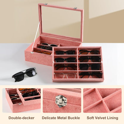 Frebeauty 16 Slots Sunglasses Organizer,2 Layer Velvet Sunglasses Tray with Glass Lid,Multiple Pairs Sunglass Display Case for Man or Woman,13.7 * 10.25 * 4.1 Inches Eyeglass/Eyewear Box (Beige)
