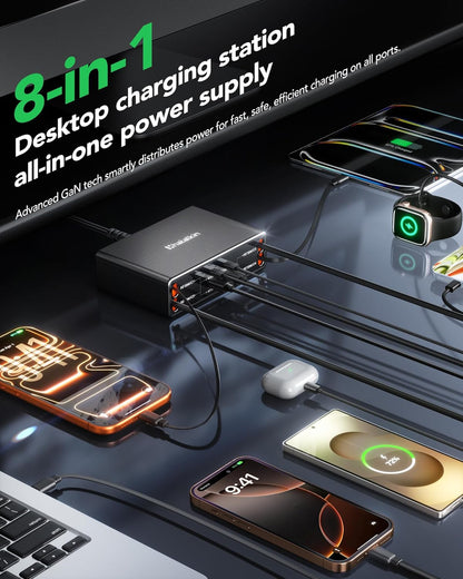 8-in-1 Retractable Charger for Apple Samsung Multiple Devices,Charging Station 105W USB c Gan Usbc Hub,Fast Charger Wall Plug for iPhone 17/16/15,Galaxy S26,Pixel,iPad,Home Office,Desktop Accessories