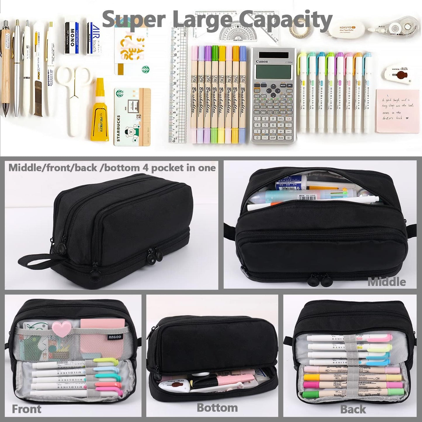 MAMUNU Large Capacity Pencil Case 4 Compartments, Pencil Pouch Bag with Zipper Portable Handle, Pen Case Bag Stationery Organizer for Office College School Adults Teen Girls Boys Men Women, Black
