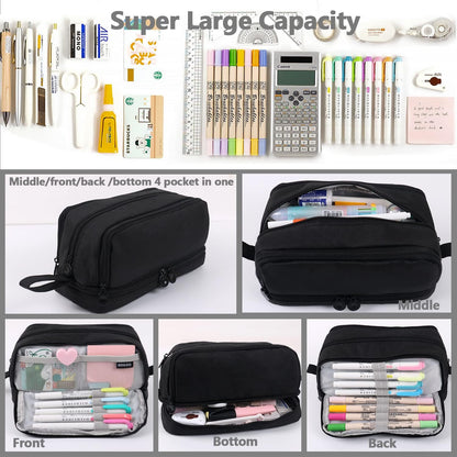 MAMUNU Large Capacity Pencil Case 4 Compartments, Pencil Pouch Bag with Zipper Portable Handle, Pen Case Bag Stationery Organizer for Office College School Adults Teen Girls Boys Men Women, Black