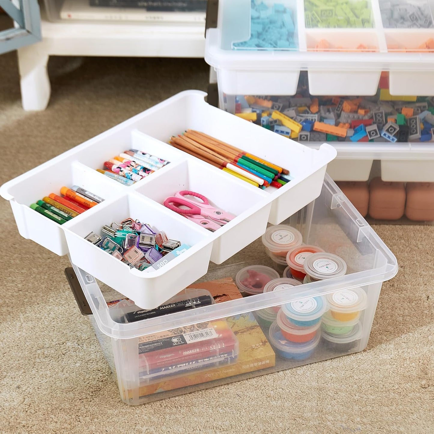 MACOPRO 17QT Craft Storage Box with 2 Removable Caddy Trays, Clear Stackable Plastic Organizer with Lid for Art Supplies, Beads, Sewing Tools, Pens & Kids Toys (White, 1Pack-2-in-1)