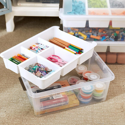 MACOPRO 17QT Craft Storage Box with 2 Removable Caddy Trays, Clear Stackable Plastic Organizer with Lid for Art Supplies, Beads, Sewing Tools, Pens & Kids Toys (White, 1Pack-2-in-1)