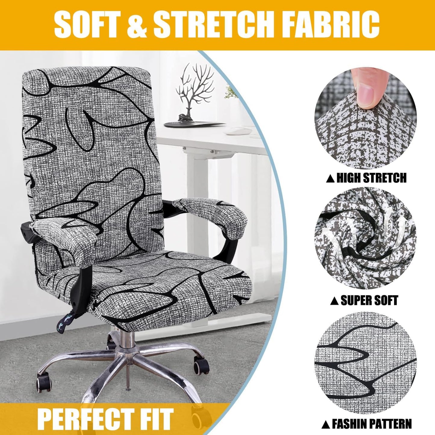 Smiry Stretch Printed Office Chair Armrest Covers, 2 Pcs Soft Fit Removable Washable Computer Desk Chair Arm Covers Protector, Black