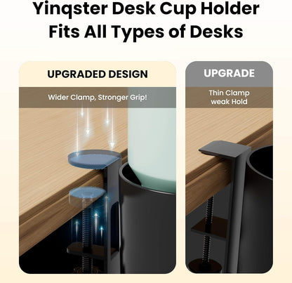 Yinqster 360° Deep Desk Cup Holder with Extra Wide Clamp, Anti-Spill Clip on Cup Holder for Desk, Rotating Table Mug Holder for Office & Gaming Accessories to Hold Stanley YETI Bottles, Bottle Racks