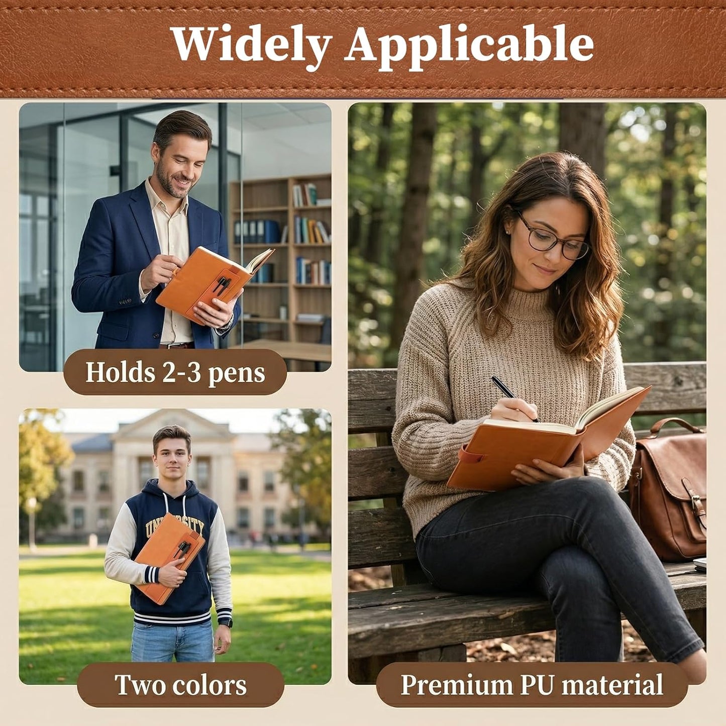 3 PCS Elastic Pen Holder for Notebook, PU Leather Notebook Pen Holder Portable Pencil Holders Adjustable Pens Sleeve Pouch with Stretchable Band for School Office Hardcover Journals Planners