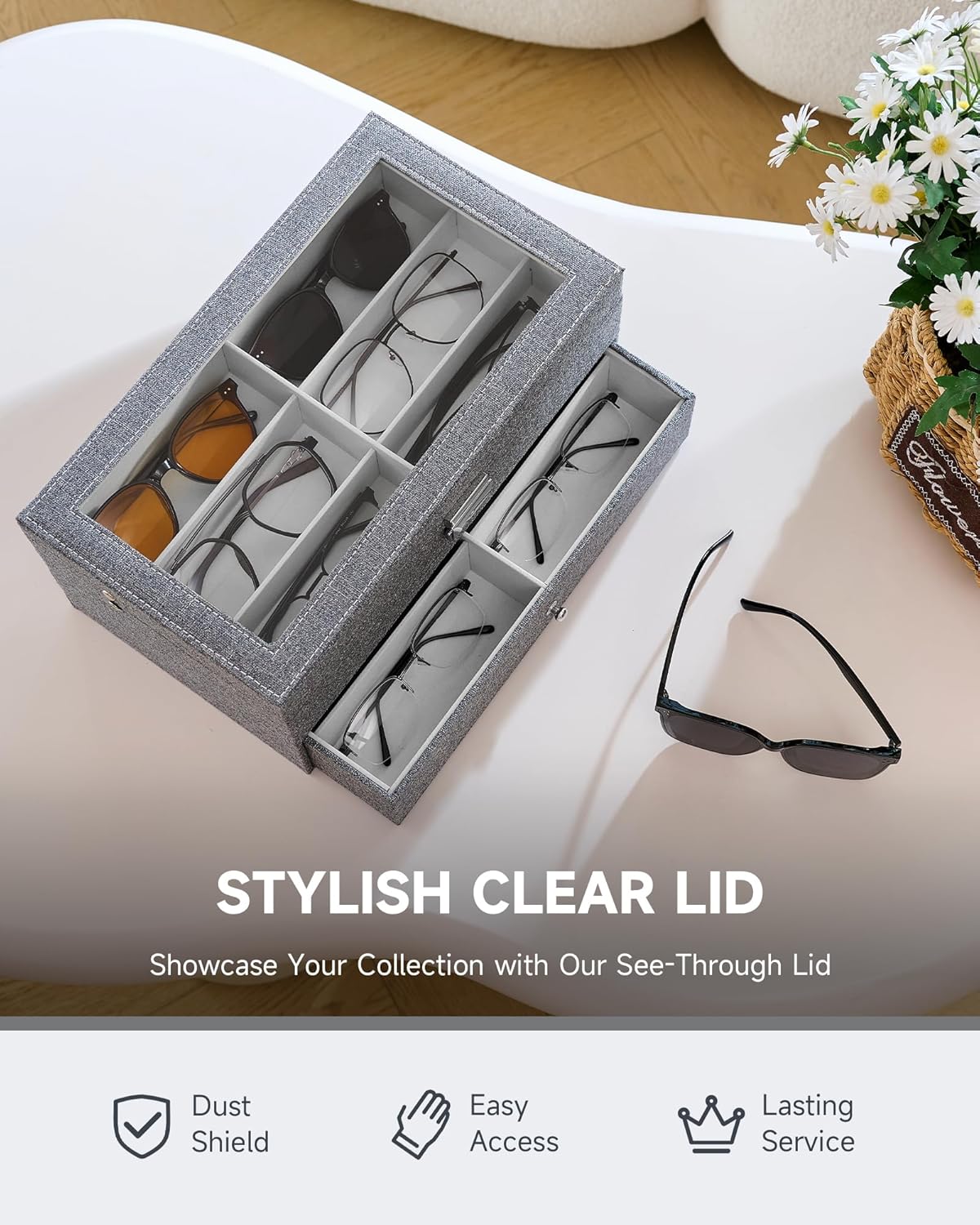 CO-Z Sunglasses Organizer with 12 Slots, Multiple Eyeglasses Eyewear Display Case for Women Men, 2 Story Leather Multi Sunglasses Jewelry Collection Holder with Drawer