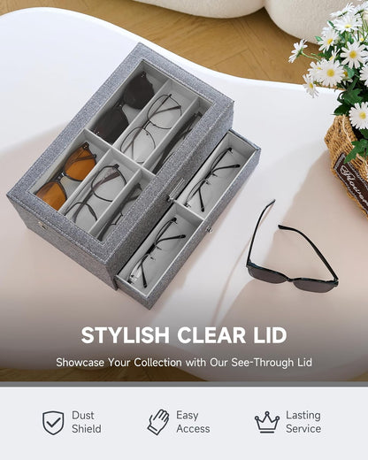 CO-Z Sunglasses Organizer with 12 Slots, Multiple Eyeglasses Eyewear Display Case for Women Men, 2 Story Leather Multi Sunglasses Jewelry Collection Holder with Drawer