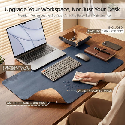 Premium Faux Leather Desk Mat & Tray Set，Innovative Cork-Look Printed Base，Gift Tube Packaging，Full-Desk Coverage，Non-Slip Desk Pad for Office Home（Olive Green）