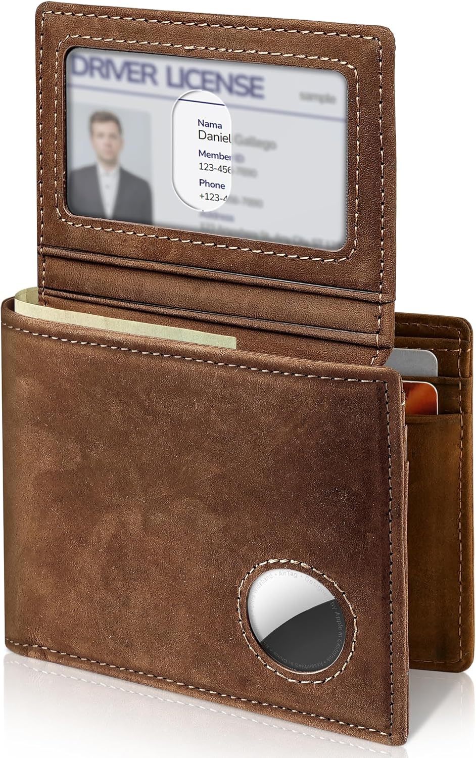 Mens Wallet With AirTag Holder, Bifold Leather RFID Blocking 1-2 ID Windows 12-13 Card Holders, Gift Box and Screen Protector Included, AirTag Not Included