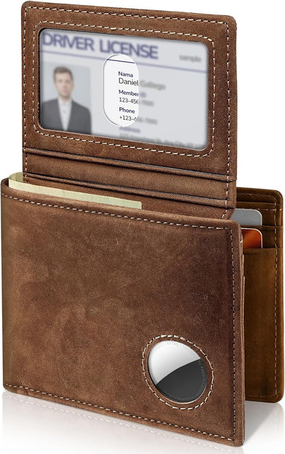 Mens Wallet With AirTag Holder, Bifold Leather RFID Blocking 1-2 ID Windows 12-13 Card Holders, Gift Box and Screen Protector Included, AirTag Not Included