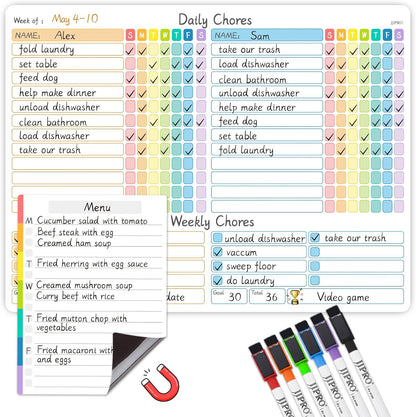 JJPRO Magnetic Dry Erase Chore Chart for Adults:Large Whiteboard16 x19-Chore Chart,Calendar,Meal Board Notes All-in-One,Behavior Chart,Teenagers,White