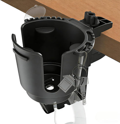 Desk Cup Holder with Headphone Hanger, Clip on Cup Holders for Desks with Spill-Proof Cup Design, Easy to Install, Enough to Hold 8-28OZ Coffee Cups, Water Bottles. (Black, Medium)
