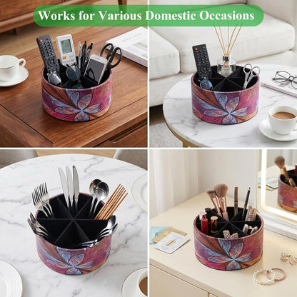 Round Leather Art Supply Organizer,Remote Control Holder,360 Degree Rotating,Multi-Functional Pencil Holder,4 Compartments Desktop Stationary Organizer(1-Fractal Flower) | Round - Colors A