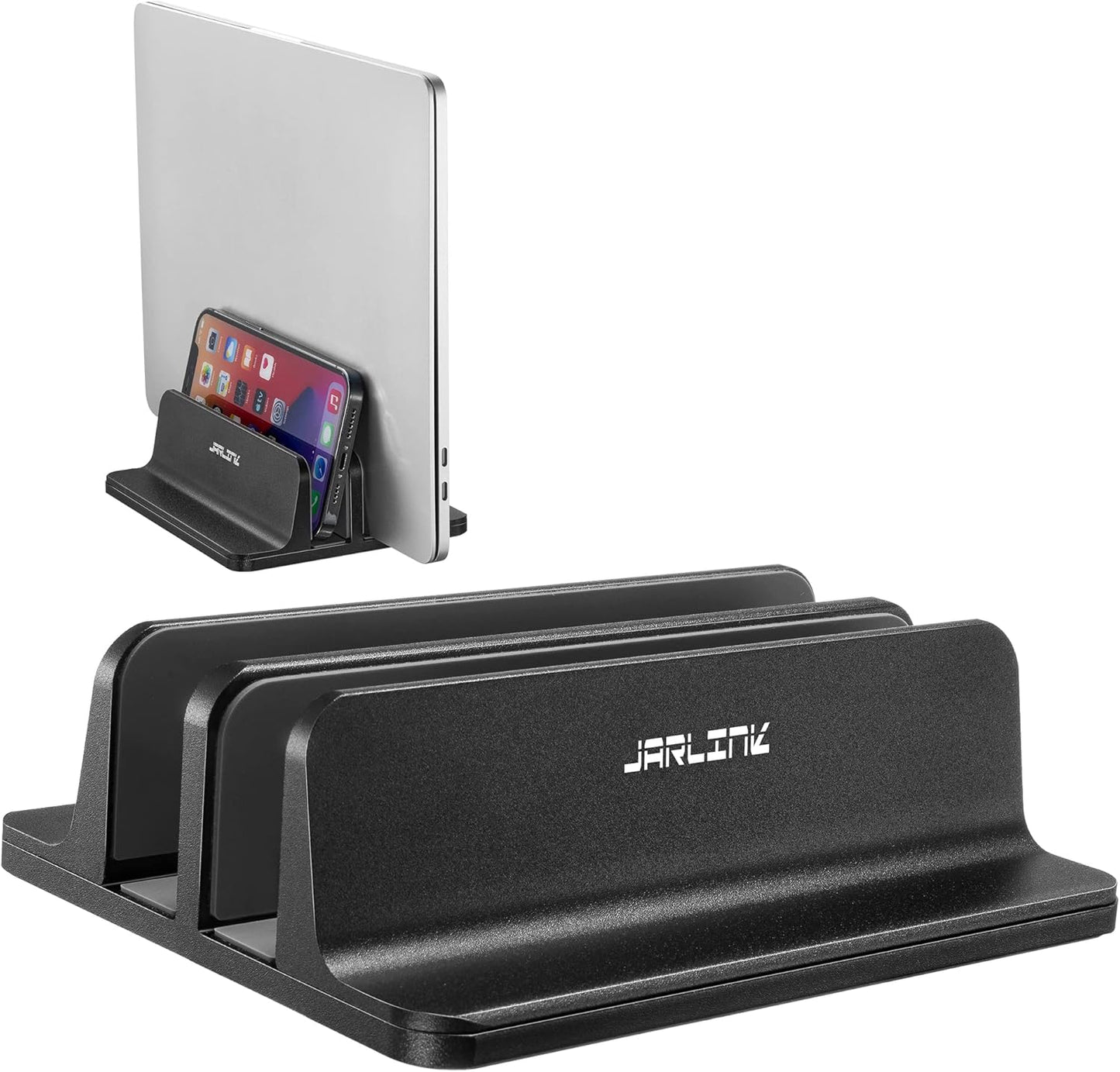 JARLINK Vertical Laptop Stand Holder, Aluminum Double Desktop Stand Holder with Adjustable Dock (Up to 17.3 inch), Compatible with MacBook, Surface, Chromebook, and Gaming Laptops, Silver