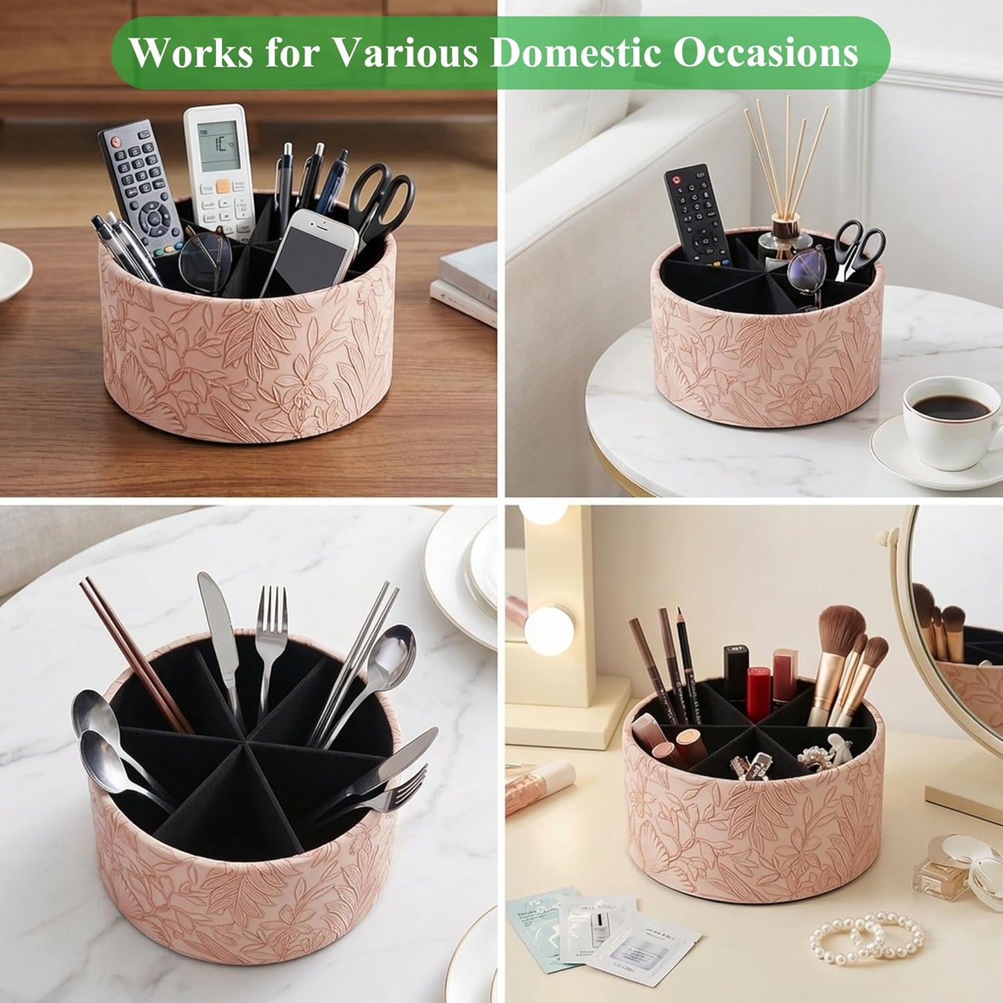 Round Leather Art Supply Organizer,Remote Control Holder,360 Degree Rotating,Multi-Functional Pencil Holder,4 Compartments Desktop Stationary Organizer(1-Fractal Flower) | Round - Colors B