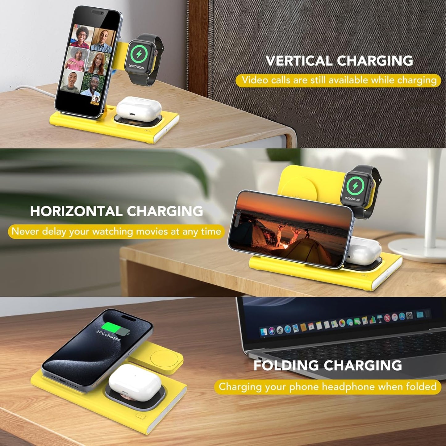 3 in 1 Foldable Charging Station for Apple Products,Wireless Charger for iPhone 17 16 15 14 13 12 Pro Max,Travel Dock Adapter&Light for iWatch Series 11 10 9 Ultra 3/2 SE 3/2,for AirPods 4 3 2 Pro 3/2