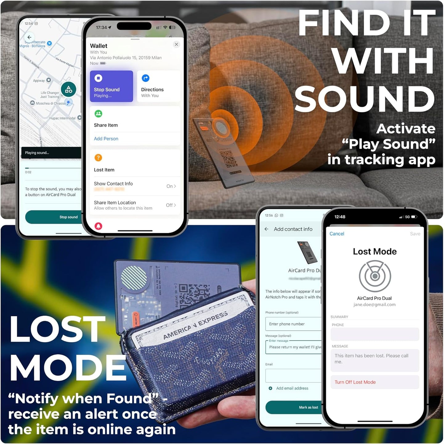 Rolling Square AirCard Pro Dual - Bluetooth Wallet Tracker - Compatibile with Both Apple iOS Find My and Google Android Find Hub – Wireless Charging, Anti-Loss Card – Smart Locator, Gray