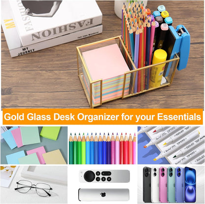 Glass Sticky Note Holder, Gold Post It Note Dispenser for Desk,3 x 3 Inch Post It Note Holder,Stylish Sticky Note Dispenser for Home Office Desk