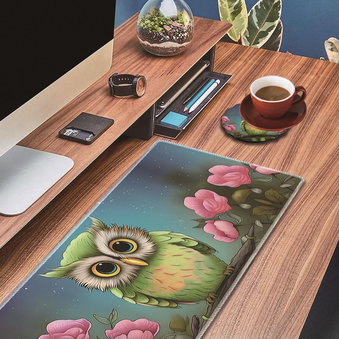 Mouse Wrist Rest and Keyboard Wrist Rest Pad Set, Non-Slip Rubber Base Smooth Surface Ergonomic Gaming Mouse Pad for Easy Typing and Pain Relief, Antique Blue Wood Grain Dog Paw + Coaster