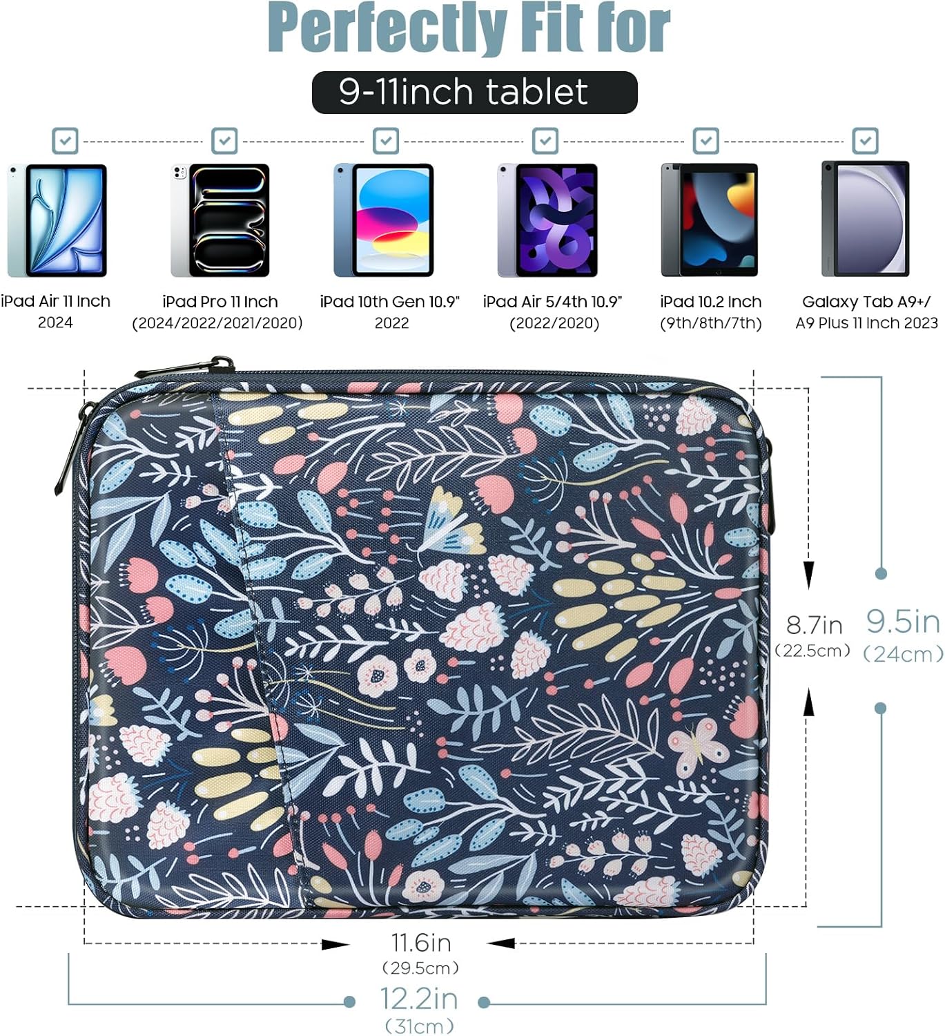 TiMOVO 9-11" Tablet Sleeve Bag for iPad 11-inch A16 2025, iPad 10.9"/10.2"| Air 11 Inch/5th/4th Gen. 10.9", Galaxy Tab A9+/A11Plus 11", Protective Bag with Pocket, Black