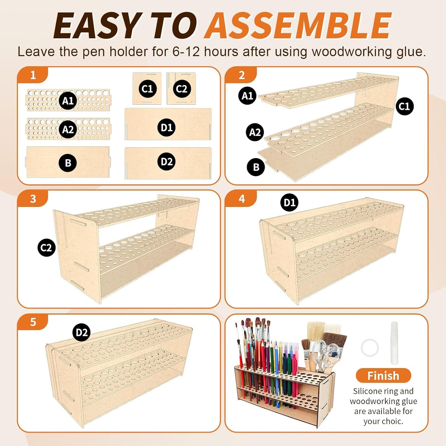 Wooden Paint Brush Holder with Wood Glue 69 Holes MDF Paintbrush Holder Organizer Artist Brush Holder Paint Brush Stand Rack for Artist Brushes Pens Pencils