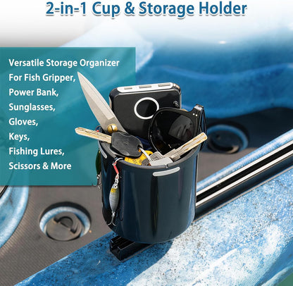 Upgraded Kayak Cup Holder with Track & Clamp Mount, 360° Adjustable Cup Holder Fits 12oz-40oz Tumblers, 2-in-1 Cup & Storage Bin for Kayak Fishing, Tree Stand Hunting, Fits Round & Square Rods
