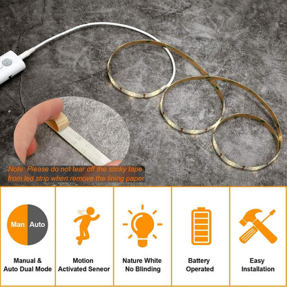 Motion Sensor Light Indoor, Closet Lights Motion Sensored, Battery Operated Cabinet Lights Strip, White Under Cabinet Lighting, Under Counter Lights for Kitchen, Led Strip Lights for Bedroom
