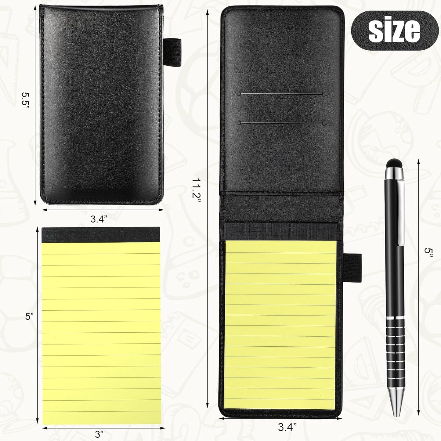 Outus 10 Pcs Mini Pocket Notepad Holder Set Included Small Leather Pocket Notebook Holder with 50 Lined Sheets, Metal Pen, 8 Pcs 3 x 5 Inch Memo Book Refills, 30 Lined Paper Per Note Pad (Black)