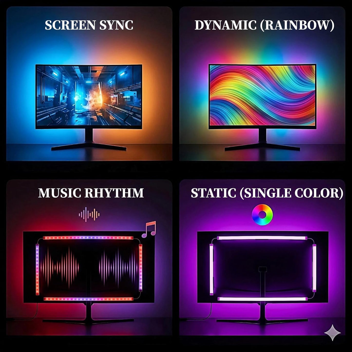 RGB Monitor Backlight with Screen Sync for 32 Inch Screens, Dual USB Powered LED Ambient Lighting Kit, Music Rhythm & Dynamic Modes, Immersive Bias Lighting for Home Office Gaming (4 Sides - 32 inch)