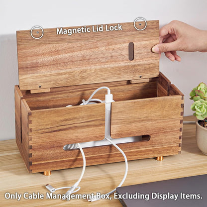 SARUFO Acacia Wood Cable Management Box - Wooden Cord Hider with 4 Metal Feet, Organizer for Desk & Floor, Power Strip TV Wire Concealer, Under Desk Storage for Office, Home Electrical Cables