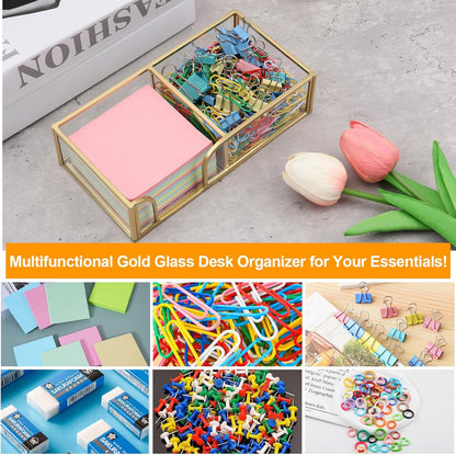 Glass Sticky Note Holder, Gold Post It Note Dispenser for Desk,3 x 3 Inch Post It Note Holder,Stylish Sticky Note Dispenser for Home Office Desk