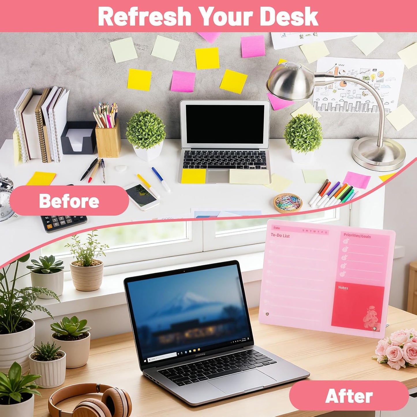 LeMotech Desktop Acrylic Dry Erase Board, 12x10 inches to-Do List Planner, Tabletop Whiteboard with Stand Office Supplies Includes 2 Markers & 1 Eraser, Pink Rose Pattern, 1 Pack