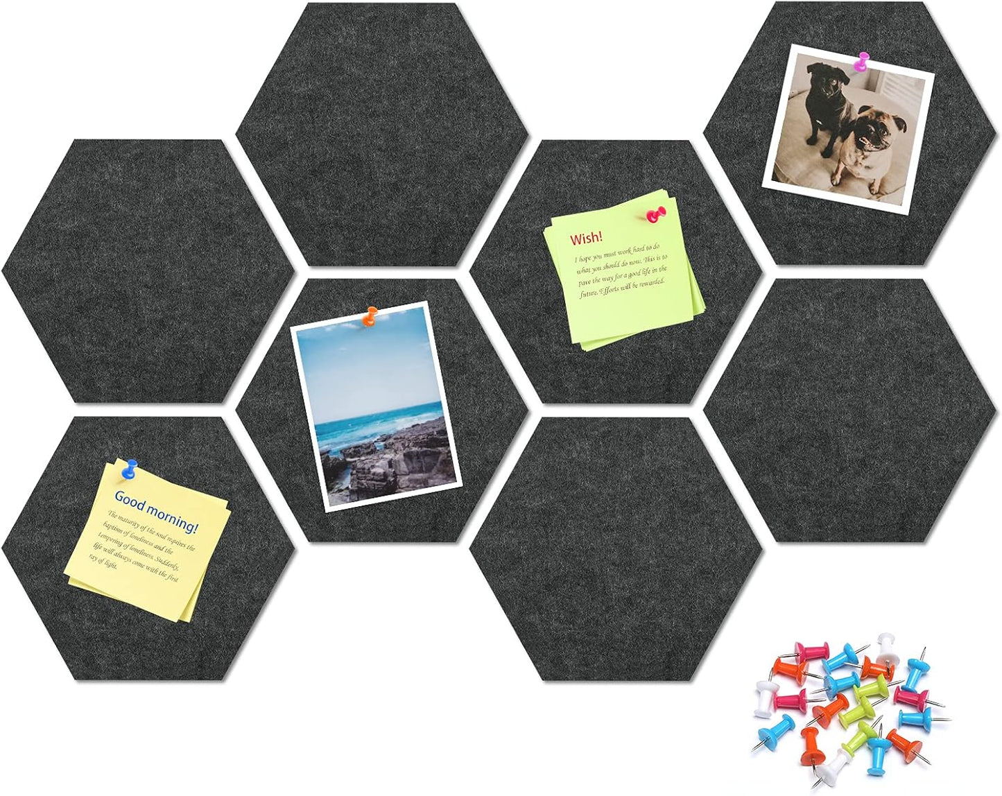 8 Pack Hexagon Felt Bulletin Board Tiles - 12" Large Thick Pin Board for Walls with 30 Push Pins, DIY Boards for Office Home School Decor, Aesthetic Hex Cork Board Alternative