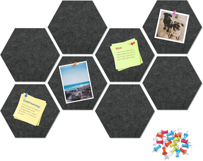 8 Pack Hexagon Felt Bulletin Board Tiles - 12" Large Thick Pin Board for Walls with 30 Push Pins, DIY Boards for Office Home School Decor, Aesthetic Hex Cork Board Alternative
