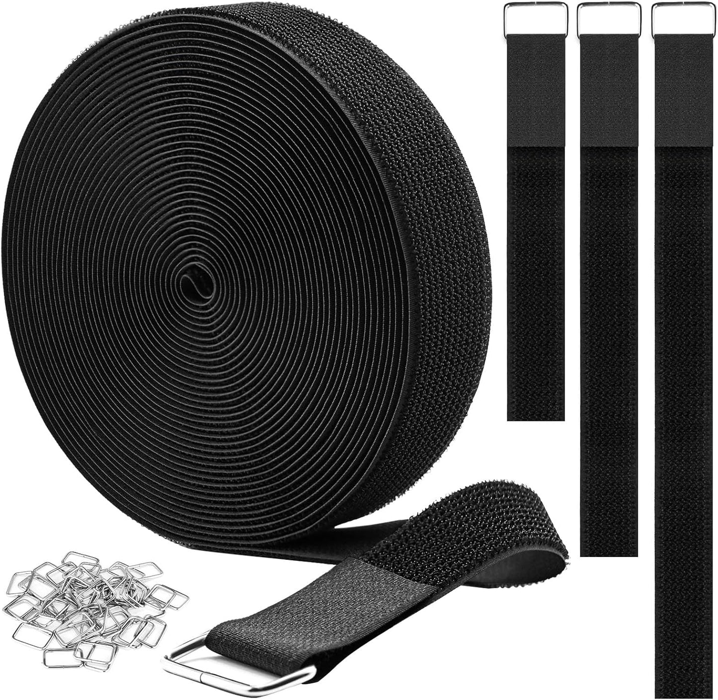 YMCRLUX 1"x32ft Hook and Loop Straps with 50 Metal Buckles, Adjustable Fastening Cable Straps, Cut-to-Length Cinch Strap, Reusable Nylon Securing Cord Ties for Organizer or Storage, 1 inch Wide, Black
