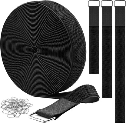 YMCRLUX 1"x32ft Hook and Loop Straps with 50 Metal Buckles, Adjustable Fastening Cable Straps, Cut-to-Length Cinch Strap, Reusable Nylon Securing Cord Ties for Organizer or Storage, 1 inch Wide, Black