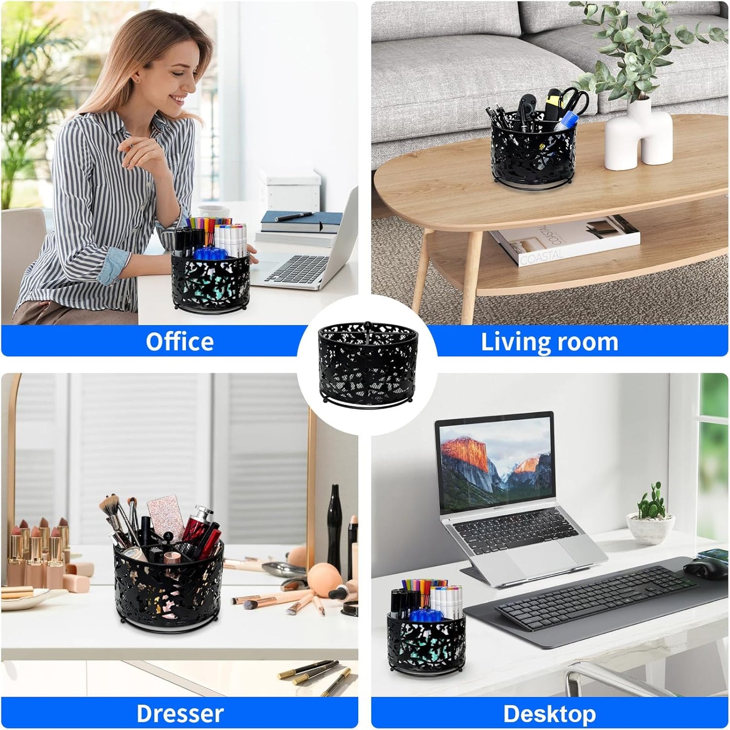 360 Degree Rotate Pen Holder for Desk Mesh Desk Pen Organizer Pencil Holder Large Capacity Accessories & Workspace Organizers for School,Home (Black, No hook)