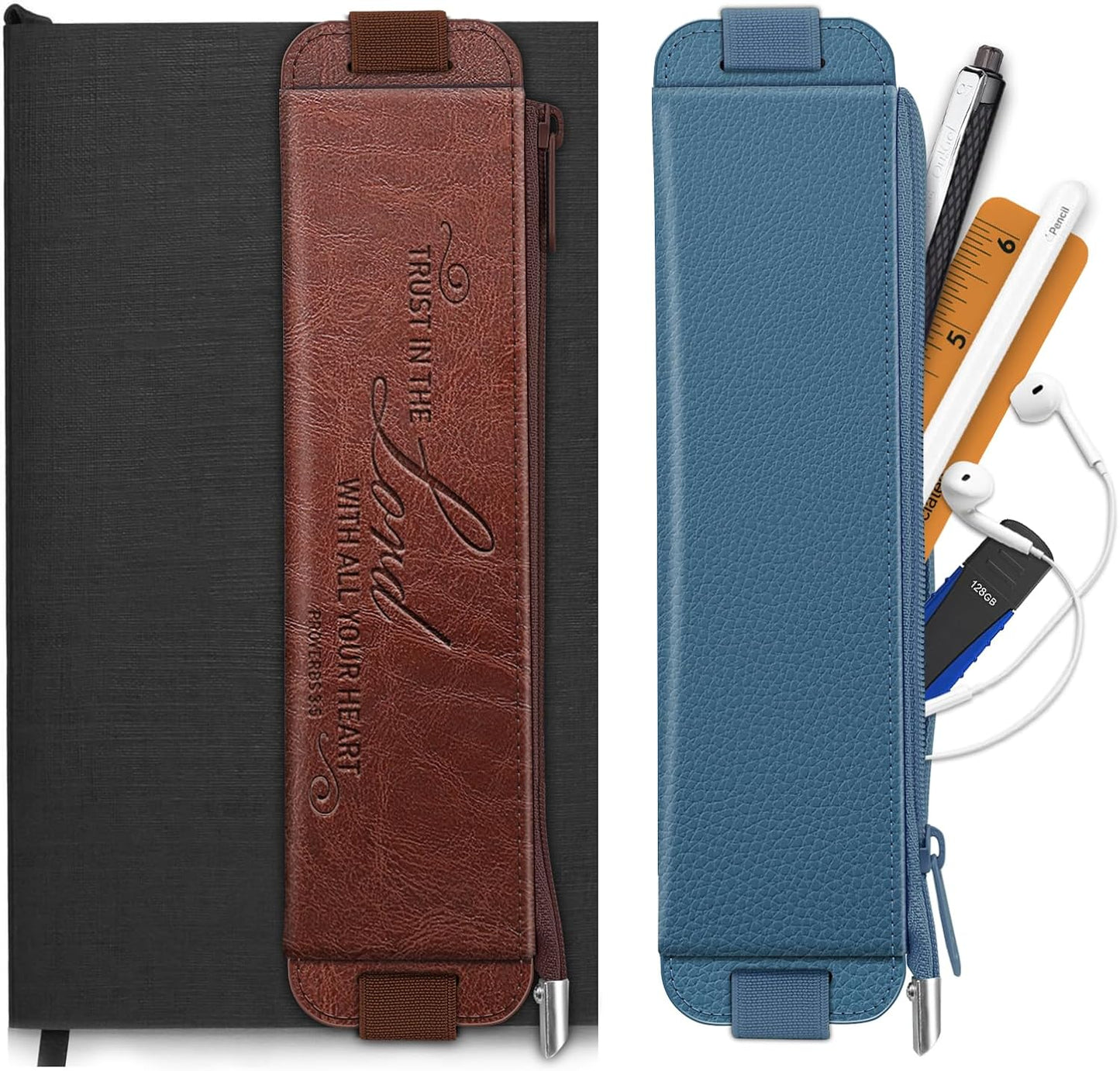 FINPAC 2-Pack Elastic Pen Holder for Notebook, Leather Pen Holder Stationery Zipper Bag for Pencils, Markers, Pen Pouch w/Elastic Band for Bible Journaling, Planners, Tablets, Brown