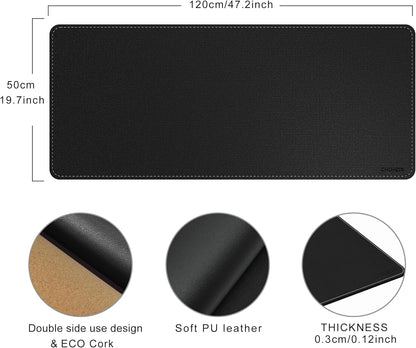 Chihein 2XL 35" x 16" Cork & PU Leather Desk Mat, Dual Sided Desk Pad Protector, Waterproof Writing Blotter for Gaming, Office, Home (Black)