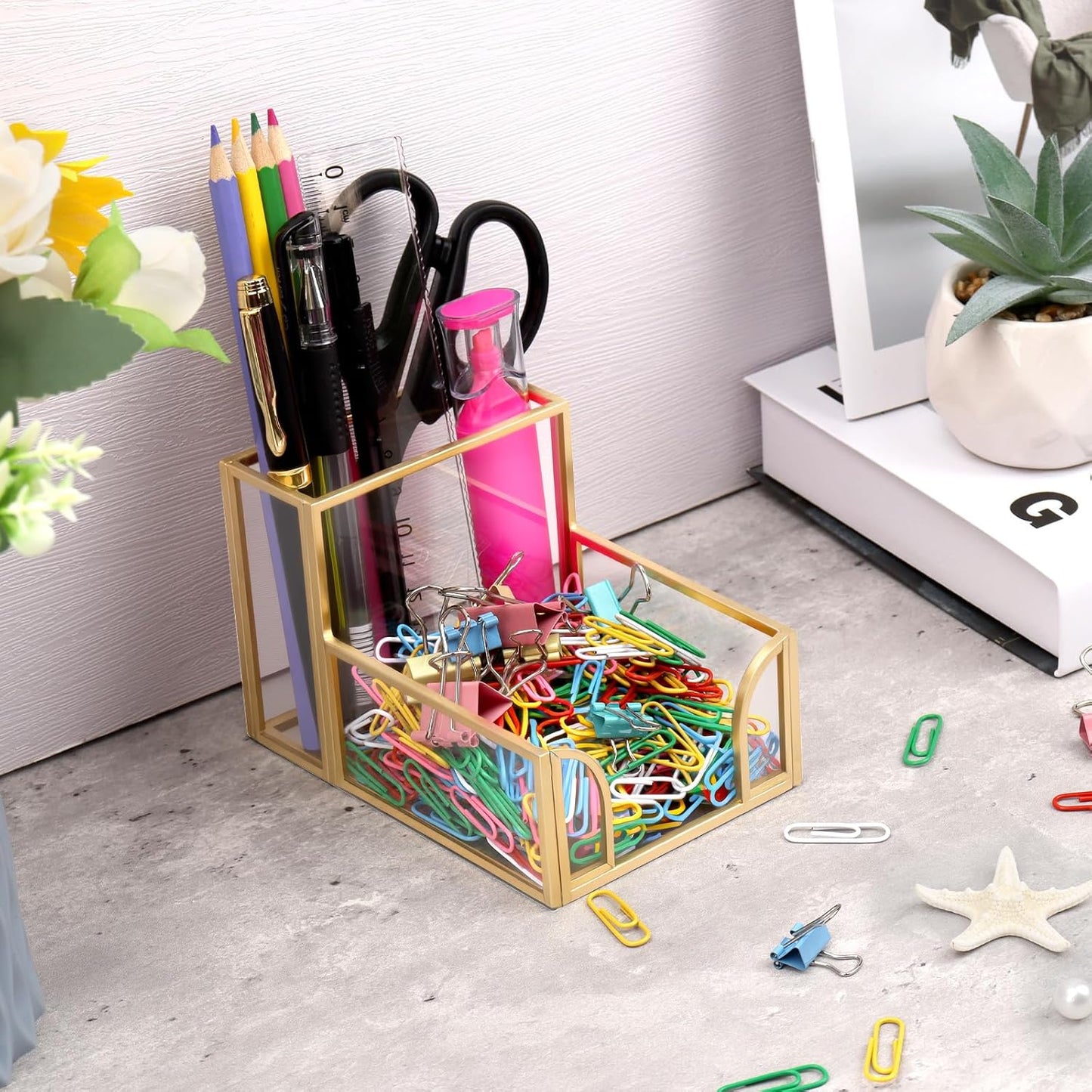 Glass Sticky Note Holder, Gold Post It Note Dispenser for Desk,3 x 3 Inch Post It Note Holder,Stylish Sticky Note Dispenser for Home Office Desk