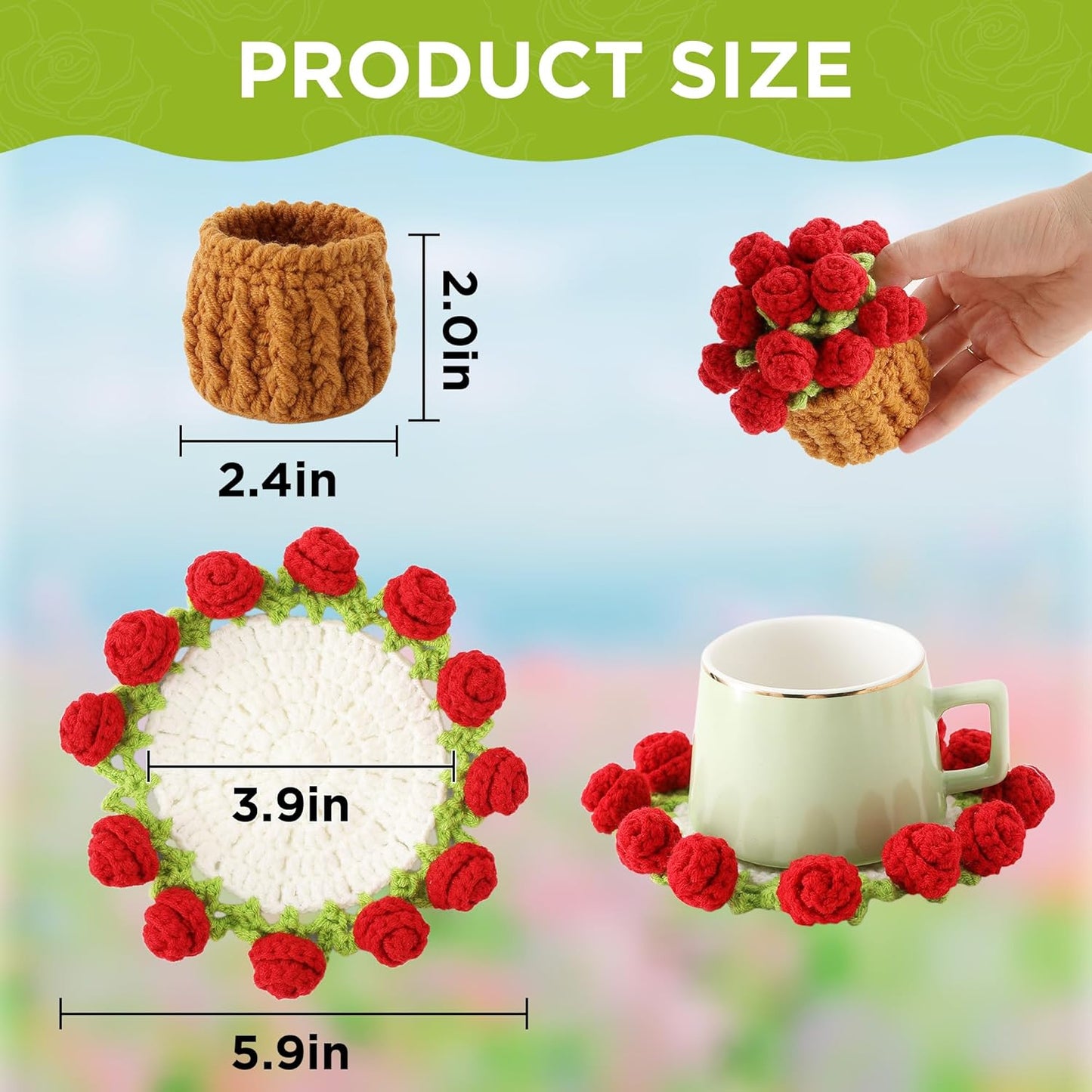 Flower Crochet Coasters, Handmade Bouquet Blanket Coaster with Crochet Plant Pot Fun Soft Decorative Drink Coasters for Coffee Tabletop Protection and Home Decor (Pink, 1Pc)