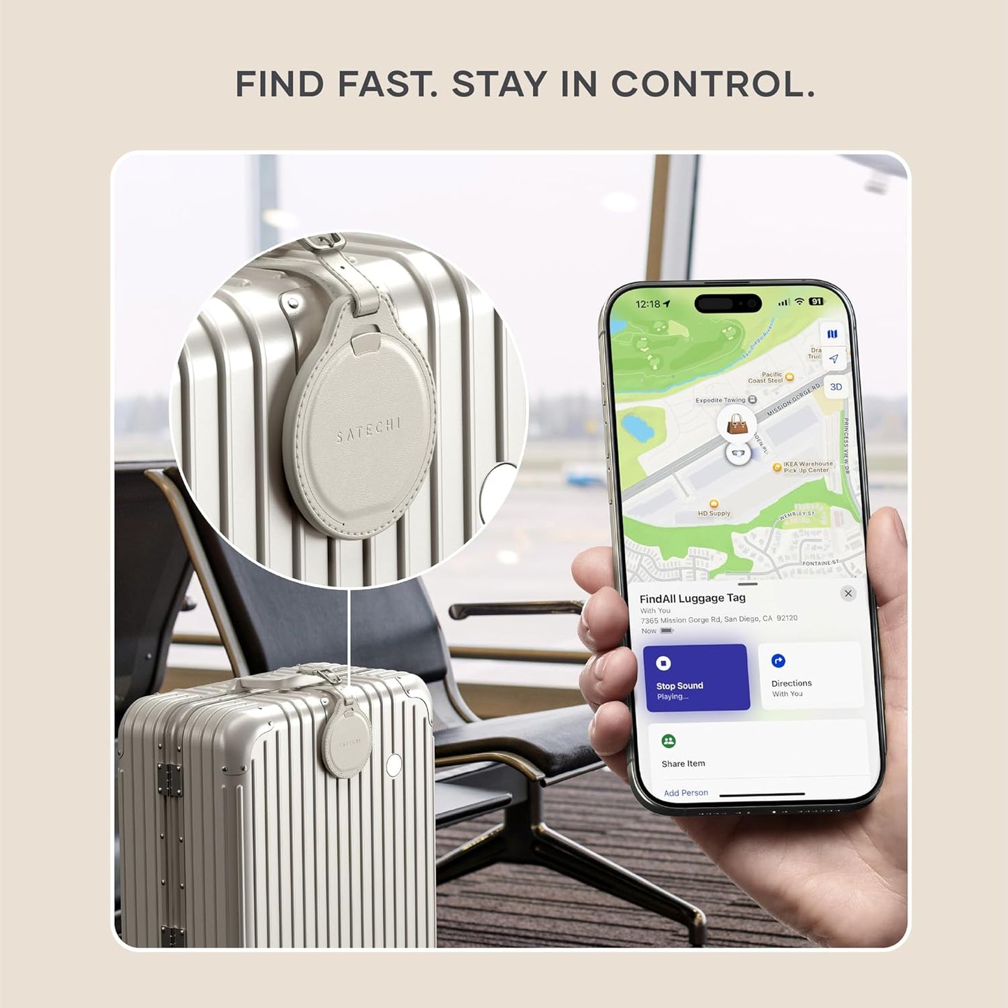Satechi FindAll Smart Luggage Tag with Find My, TSA-Friendly, Airport Tracking, Left-Behind Alerts, Loud Audible Chime, Wireless Rechargeable, Works with iPhone, iPad, Mac – Desert Rose