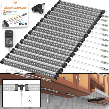 EBD LED Light Bar Built-in Adjustable Cable 12 Pcs Corner Input Under-Counter Light fixtures Work Bench linkable Touch Lights 3000K 5400 Lm Super Bright for Pantry Garage Shelves Closet Shelf