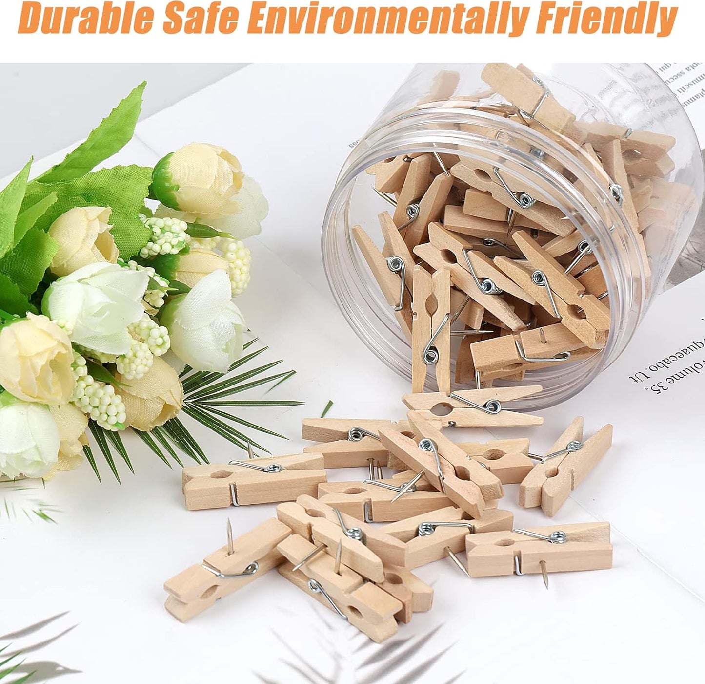 50 PCS Push Pin with Wooden Clips, Durable Wooden Push Pins, Decorative Pushpins Tacks Thumbtacks, Tacks for Cork Board Artworks Notes Photos, Craft Projects, Offices and Homes (Burlywood)