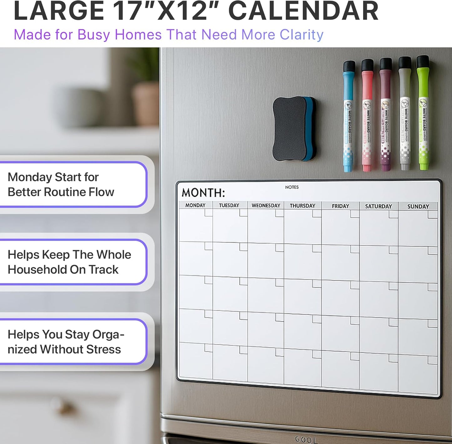 Magnetic Whiteboard for Fridge - Large Dry Erase Calendar for Wall | 2 Magnetic Dry Erase Board 10.5" x 16.5" & 7" x 16.5", Monthly Goal Setting & Habit Tracker, 5 Markers and 6 Adhesive Hooks
