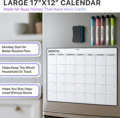 Magnetic Whiteboard for Fridge - Large Dry Erase Calendar for Wall | 2 Magnetic Dry Erase Board 10.5" x 16.5" & 7" x 16.5", Monthly Goal Setting & Habit Tracker, 5 Markers and 6 Adhesive Hooks