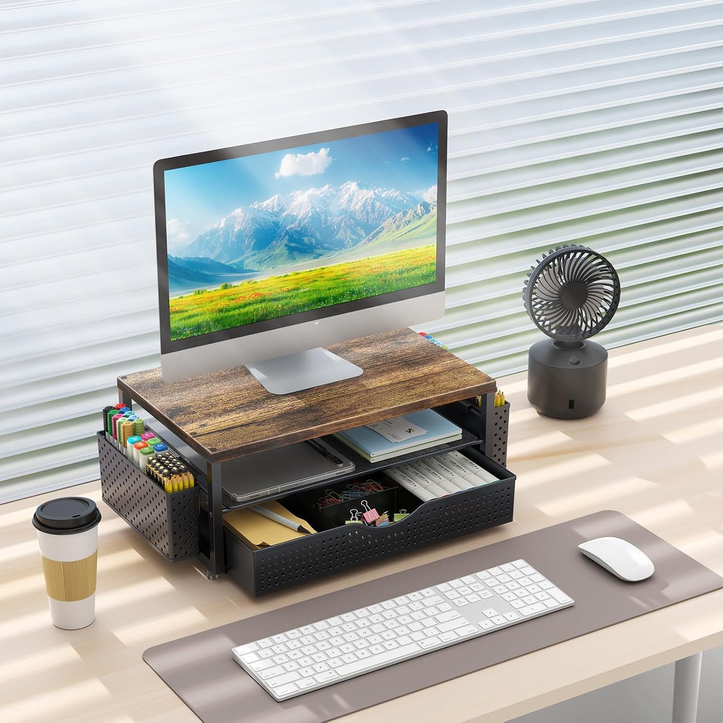gianotter Monitor Stand Riser, Office Desk Shelf Organizer, Desk Organizer with Drawer and Pen Holder, 2-Tier Computer Stand, Office Organization (Ink)
