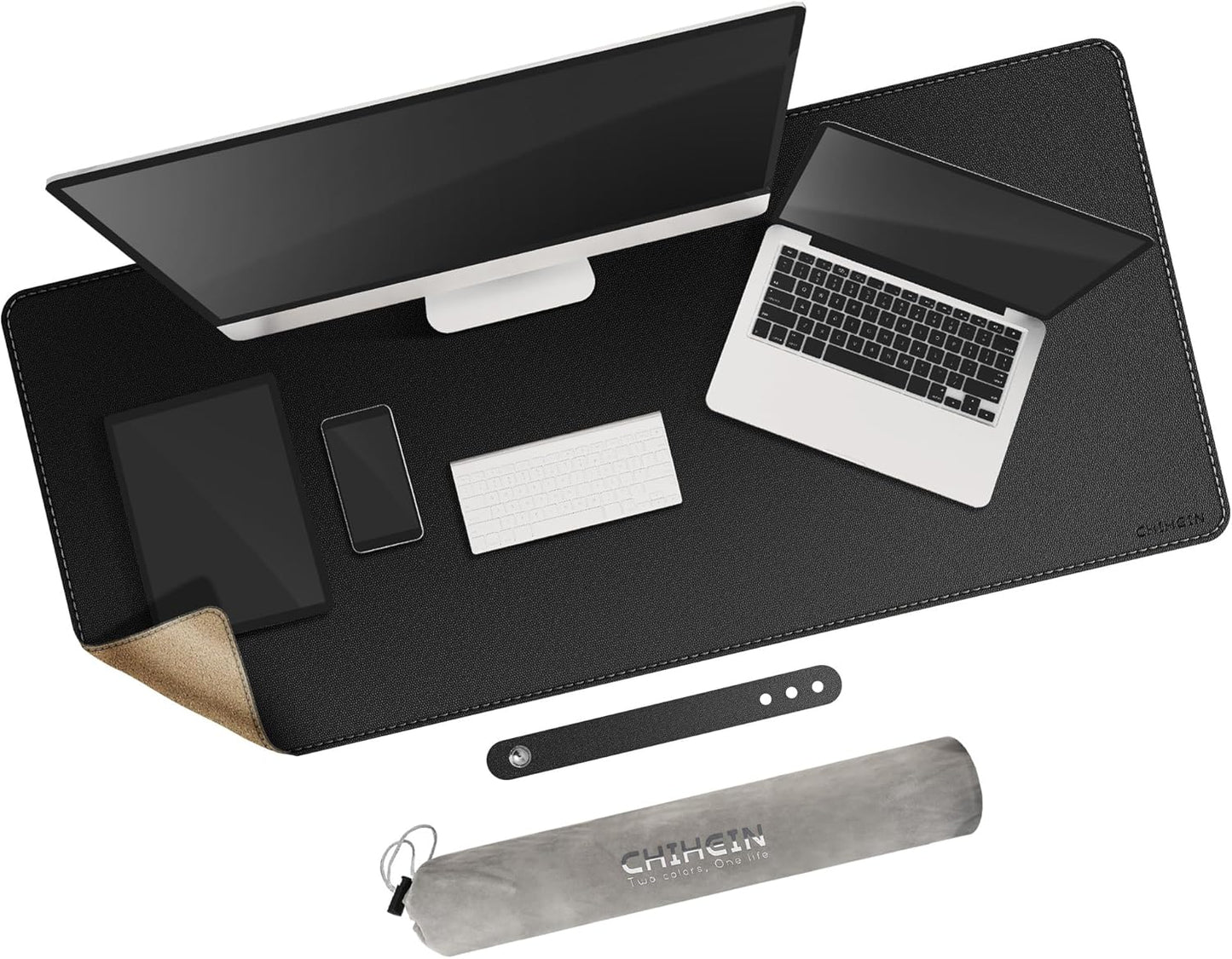 Chihein 2XL 35" x 16" Cork & PU Leather Desk Mat, Dual Sided Desk Pad Protector, Waterproof Writing Blotter for Gaming, Office, Home (Black)